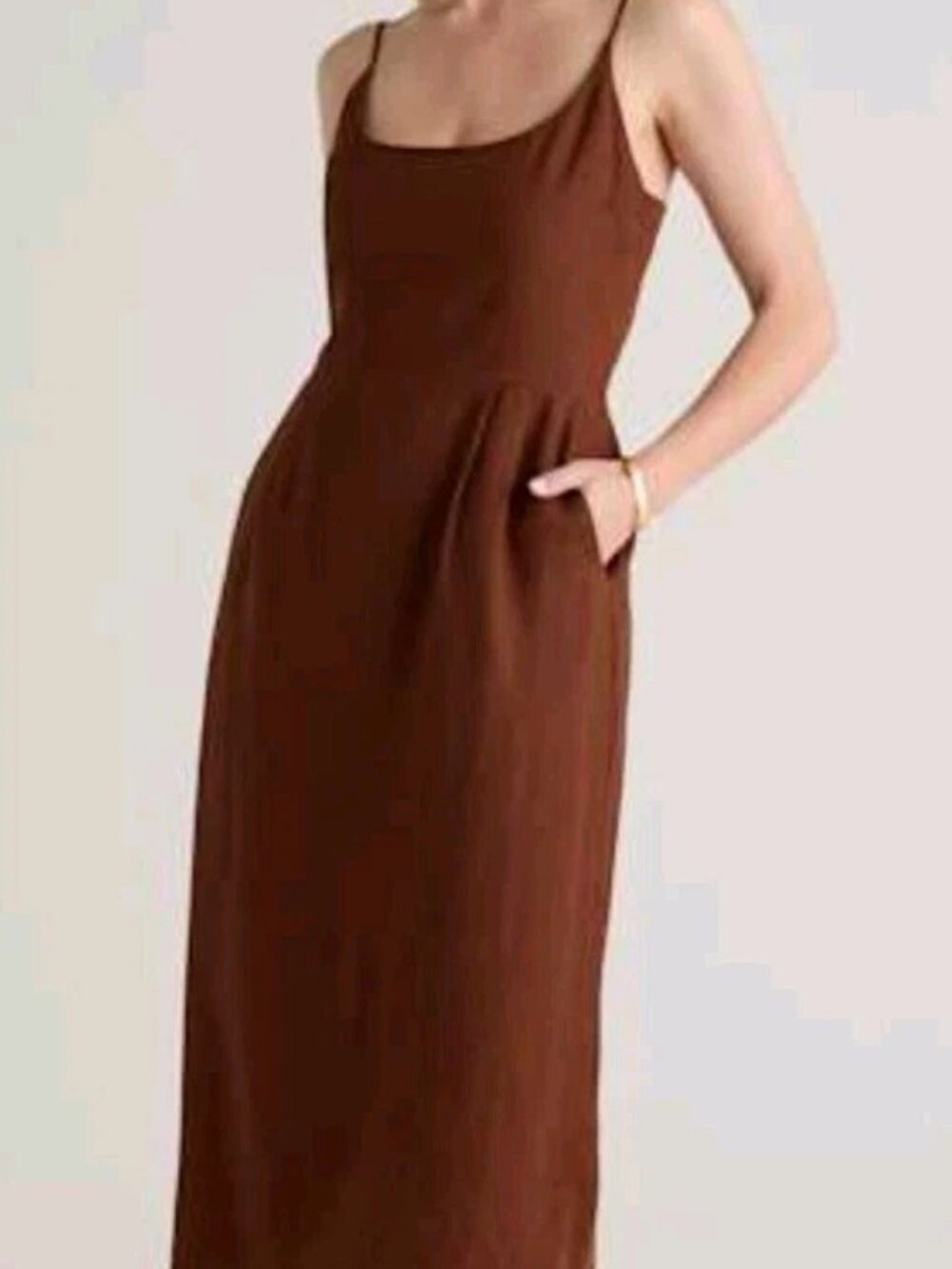 Quince 100% European Linen Scoop Neck Midi Dress Brown